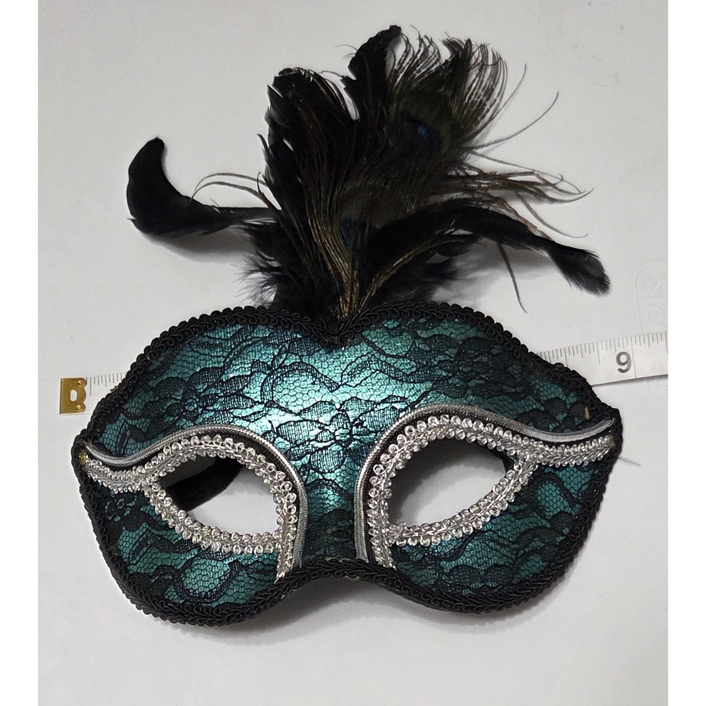 Teal Black Lace Masquerade Mask Peacock Feathers Venetian Costume Accessory